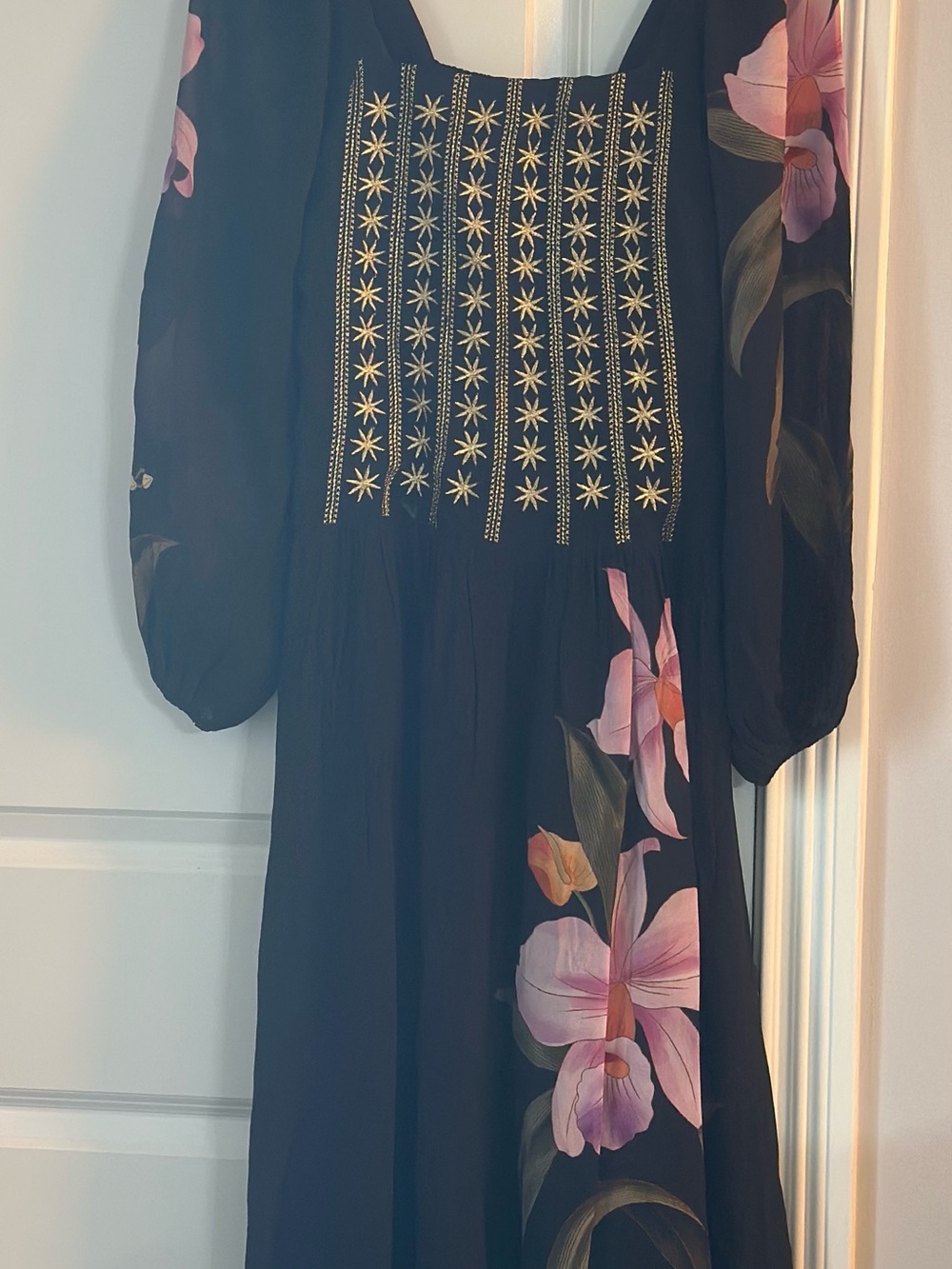 FARM Rio Black Midi Dress with Pink Floral Print and Gold Embroidery